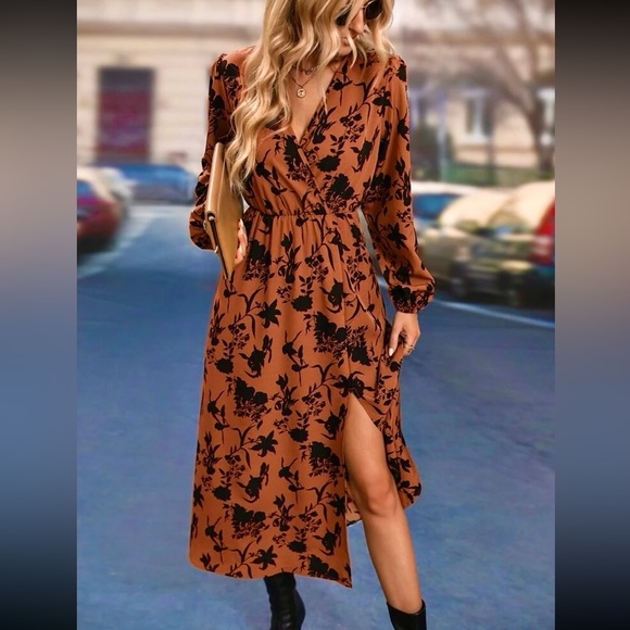 New Midi Floral Thigh Split Brown Orange Rust Color Mix Dress Surplice V Neck - Picture 2 of 16